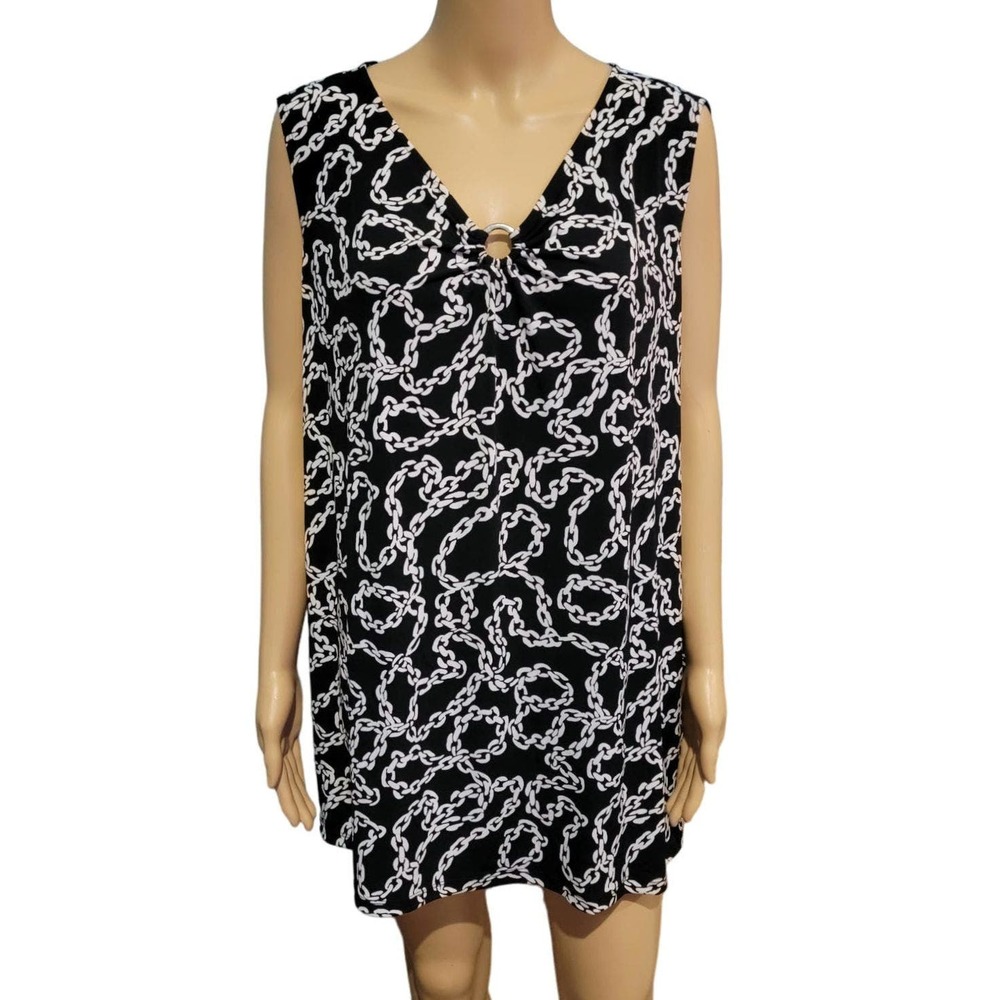 Susan Graver Black Sleeveless Top with White Chain Print 3X